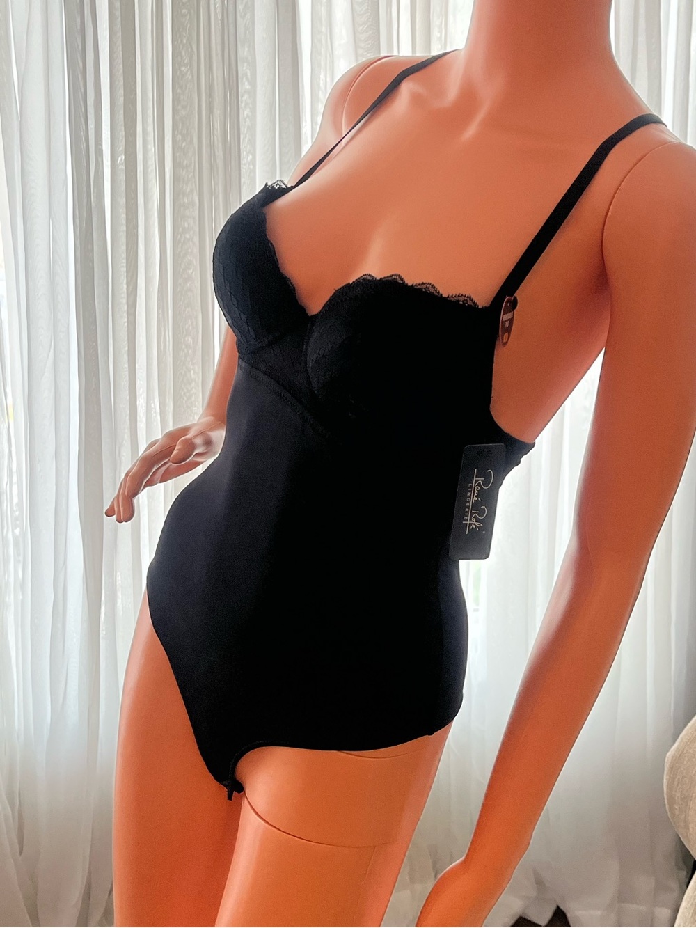 Rene Rofe Black Lace-Trim Slip Bodysuit